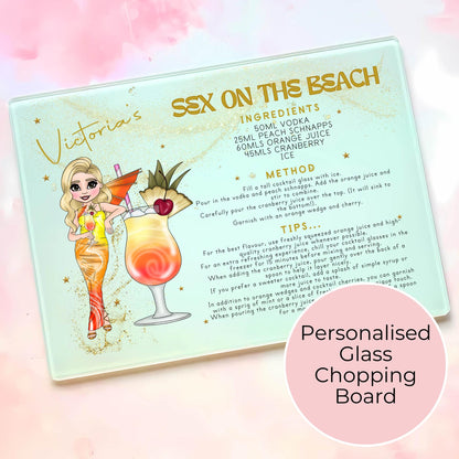 Personalized A4-Sized Glass Chopping Board,Sex On The Beach Tropical Cocktail Recipe Gift For 18th Birthday, Housewarming Summer Soiree Gift