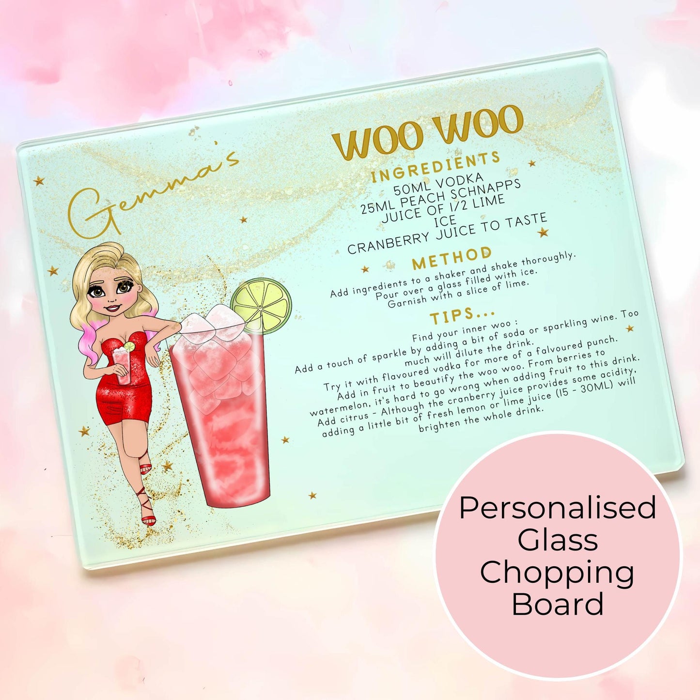 Woo Woo Cocktail Recipe Glass Cutting Board, Cocktail Fruit Preperation Board For Kitchen Worktop, Housewarming Gift For Cocktail Enhtusiast