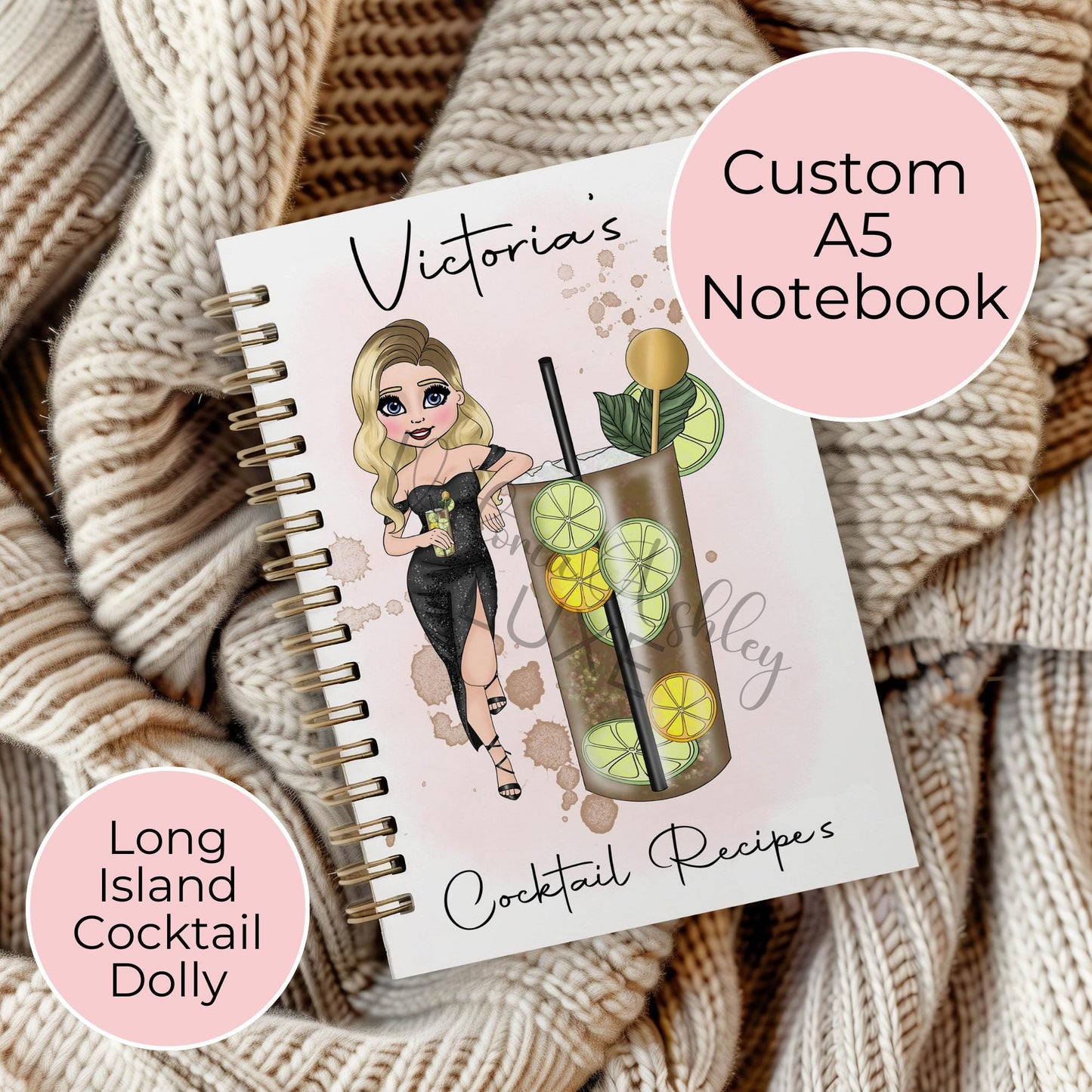 Long Island Iced Tea Custom Character A5 Notebook, Wire Bound Lined Paged Notebook, Wedding Party Planning Journal, Cocktail Planner Gift #NB