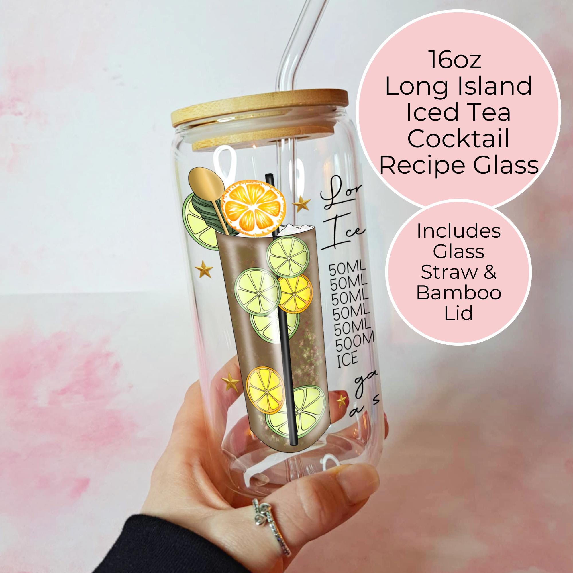 16oz Long Island Iced TeaCocktail Recipe Glass – Clear Tumbler with Bamboo Lid #CL