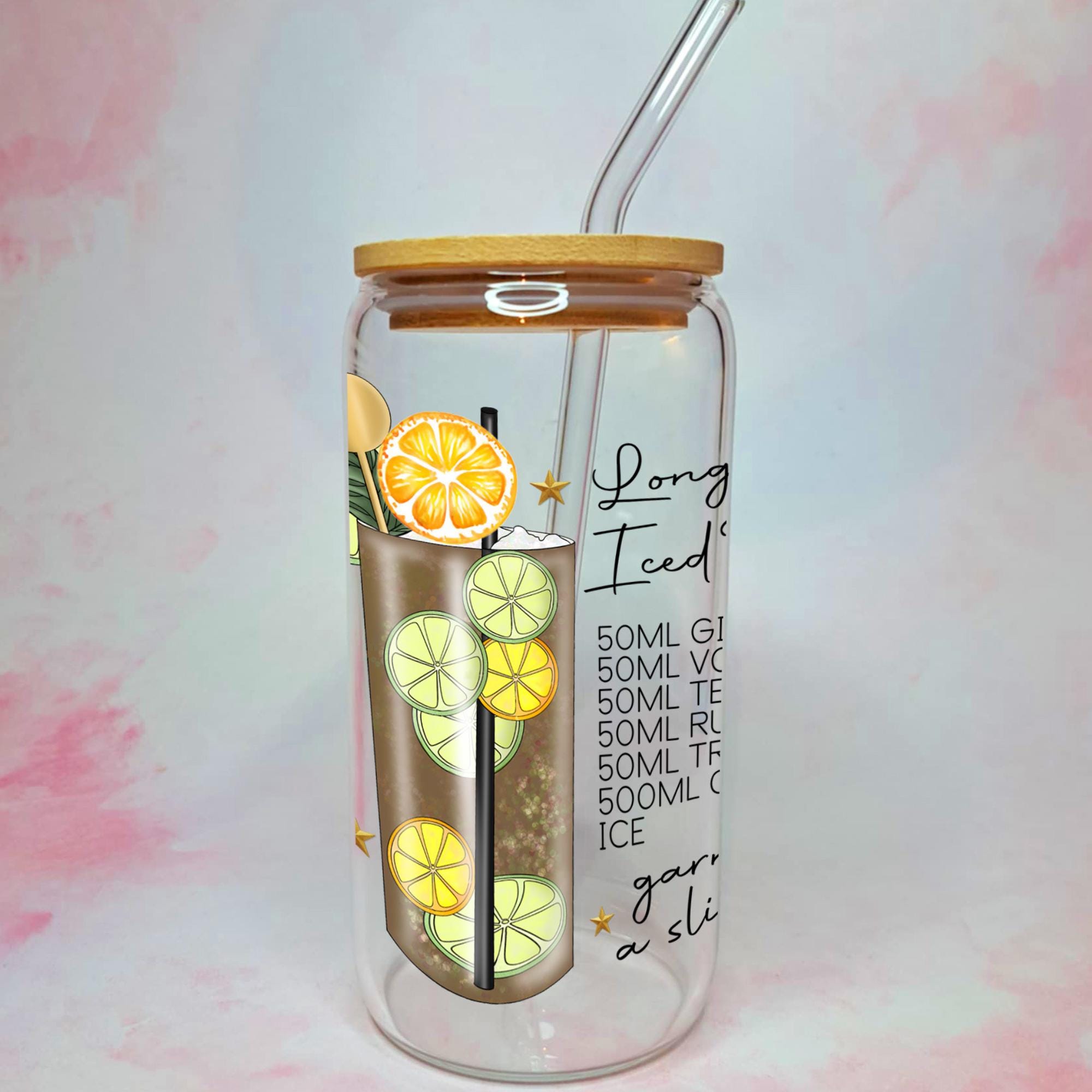 16oz Long Island Iced TeaCocktail Recipe Glass – Clear Tumbler with Bamboo Lid #CL