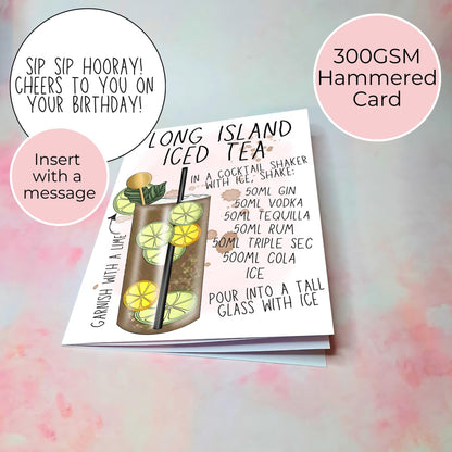 Long Island Iced Tea Recipe Greeting Card, Sip Sip Hooray Birthday Card For Him / Her, A5 Luxury Greeting Card With Printed Message Inside