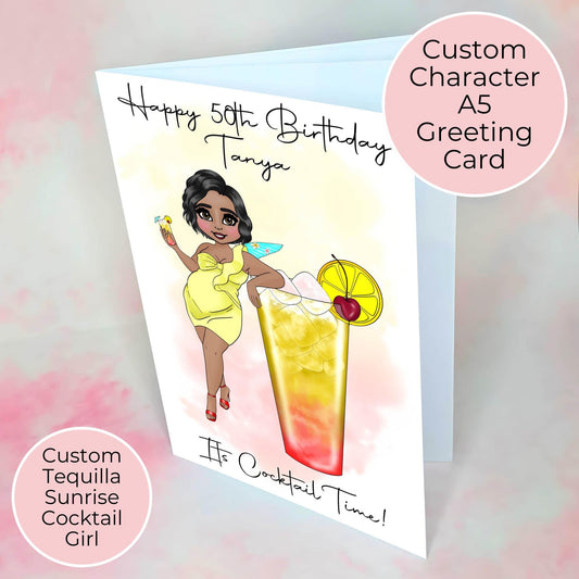 Tequila Sunrise Birthday Card, Cocktail Themed Greeting Card For Her, Custom Character Card Gift For Summer Soiree Cocktail #G1