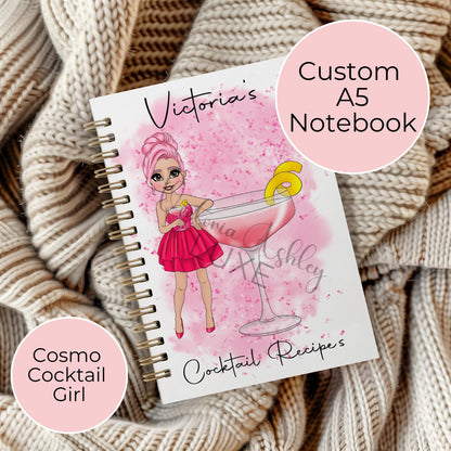 Girly Pink Cosmopolitan Cocktail Girl Themed Notebook, A5 Party Planning Jotter, Notepad Gift For Her Birthday, Mothers Day Notebook Gift