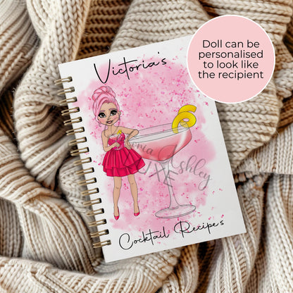 Girly Pink Cosmopolitan Cocktail Girl Themed Notebook, A5 Party Planning Jotter, Notepad Gift For Her Birthday, Mothers Day Notebook Gift