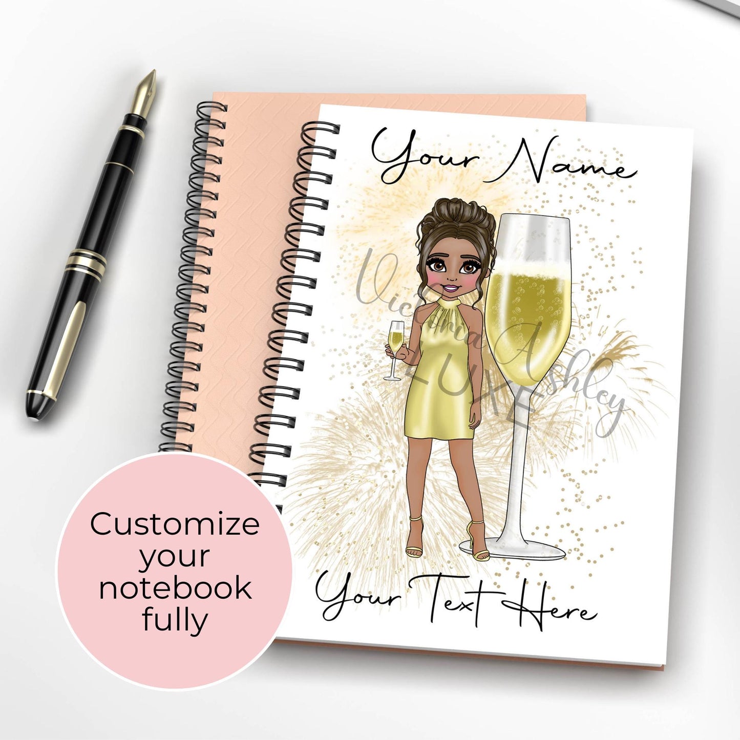 Classic French 75 Champagne Celebratory Notebook Gift, Personalised Graduation End Of Year Gift For Her, Custom Character Cocktail Notebook