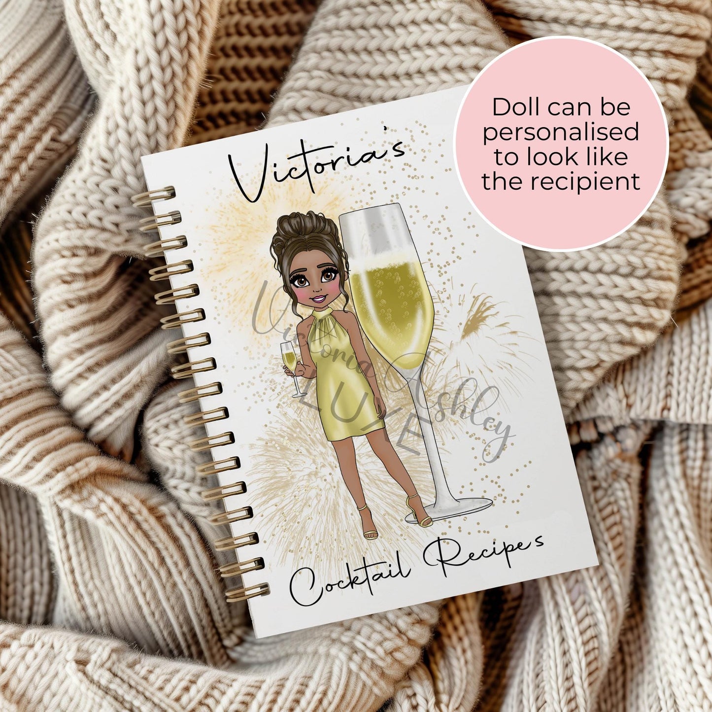 French 75 Classic Champagne Cocktail Celebratory Notebook Gift, Personalised Graduation End Of Year Gift For Her, Custom Character Cocktail Notebook #NB
