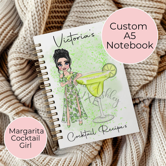 A5 Wirebound Notebook With Margarita Cocktail Girl, Custom Characacter Cocktail Theme Journal, Spiral Notebook For Wedding Cocktail Planning