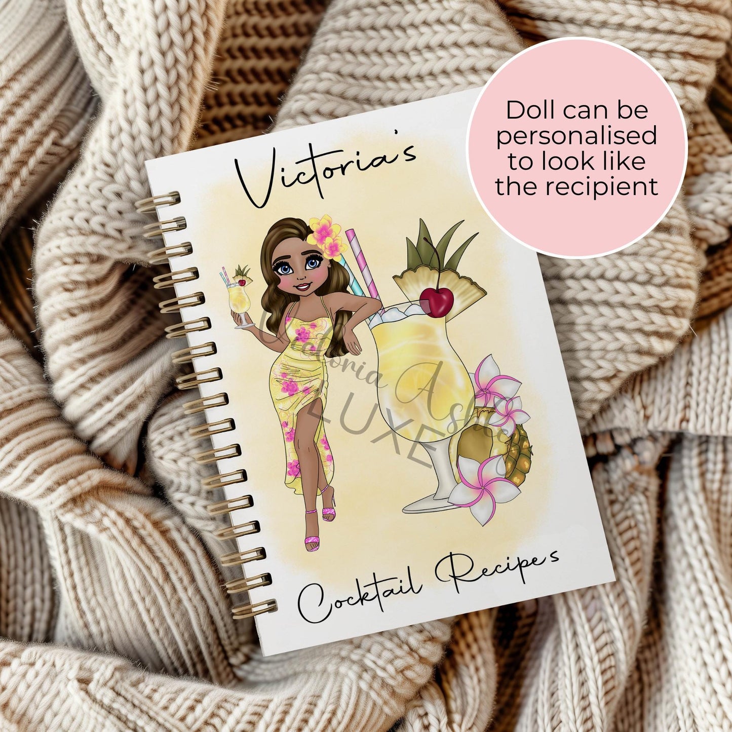 Pina Colada A5 Custom Character Notebook, Personalised character Notebook Gift For Party Planner Wedding Planner, Custom Journal Gift #NB