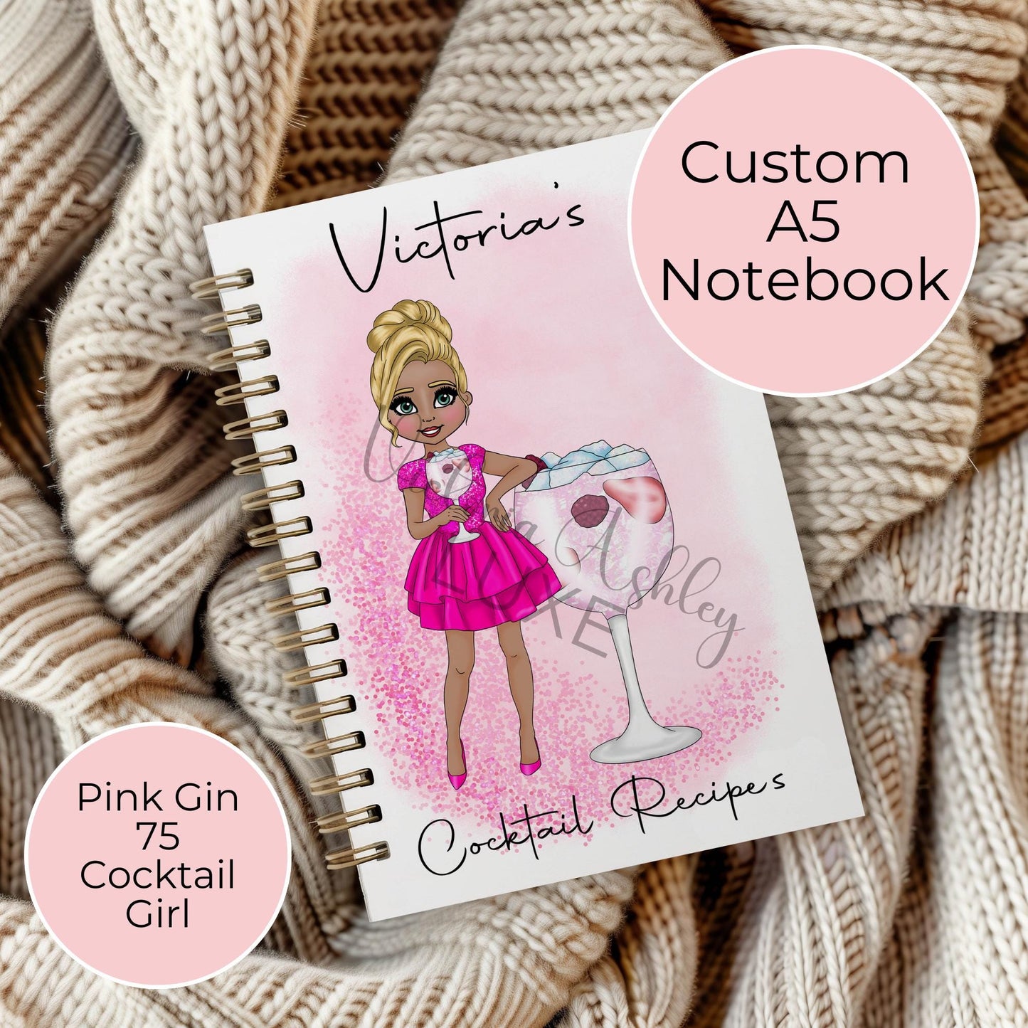 Pink Gin 75 Custom Character Cocktail Girl A5 Wirebound Notebook, Personalised Notebook Gift For Her, Journaling Writing Lined Page Notepad #NB