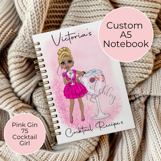 Pink Gin 75 Custom Character Cocktail Girl A5 Wirebound Notebook, Personalised Notebook Gift For Her, Journaling Writing Lined Page Notepad #NB