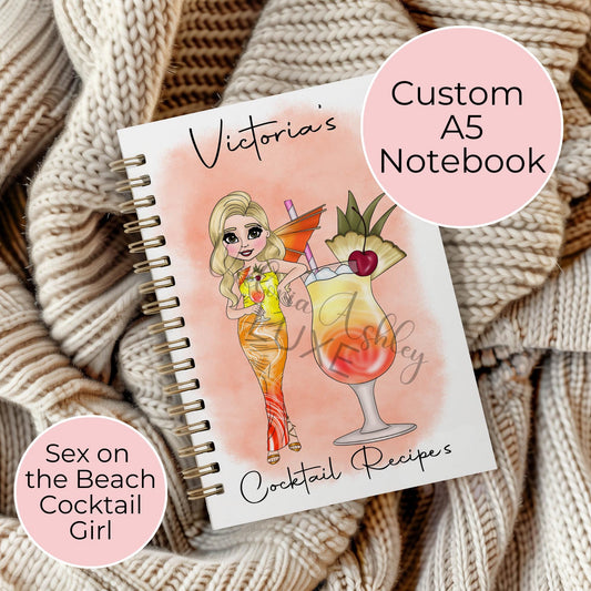Sex On The Beach Personalised A5 Wire Bound Notebook, Custom Cocktail Character Notebook, Wedding Planning Notebook, Travelling Notebook For Journaling #NB