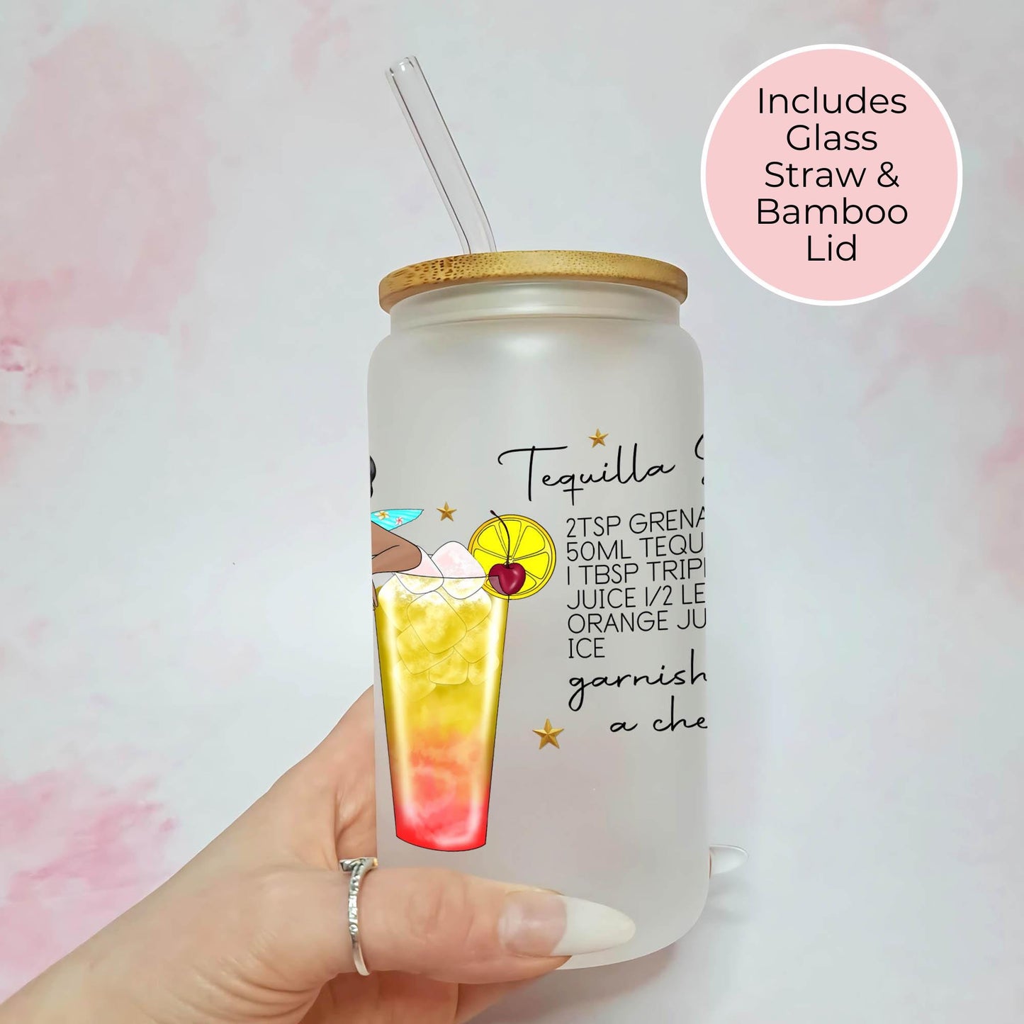 Tequila Sunrise Recipe Frosted 16oz Libbey Glass, Personalised Character Gift for Cocktail Enthusiasts, Birthdays Hen Party Gift #FL