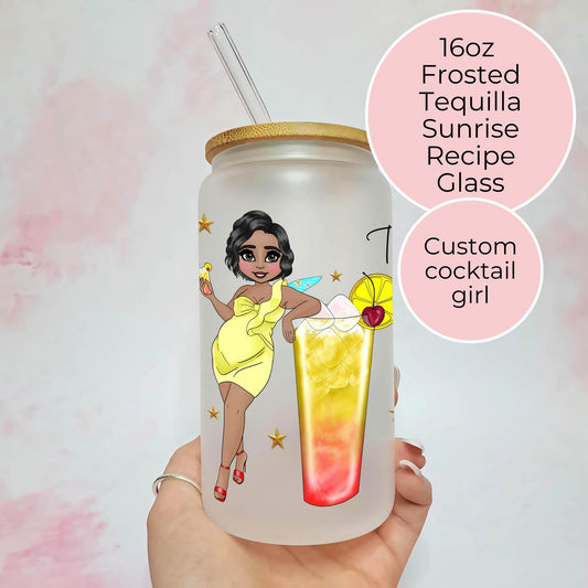 Tequila Sunrise Recipe Frosted 16oz Libbey Glass, Personalised Character Gift for Cocktail Enthusiasts, Birthdays Hen Party Gift #FL