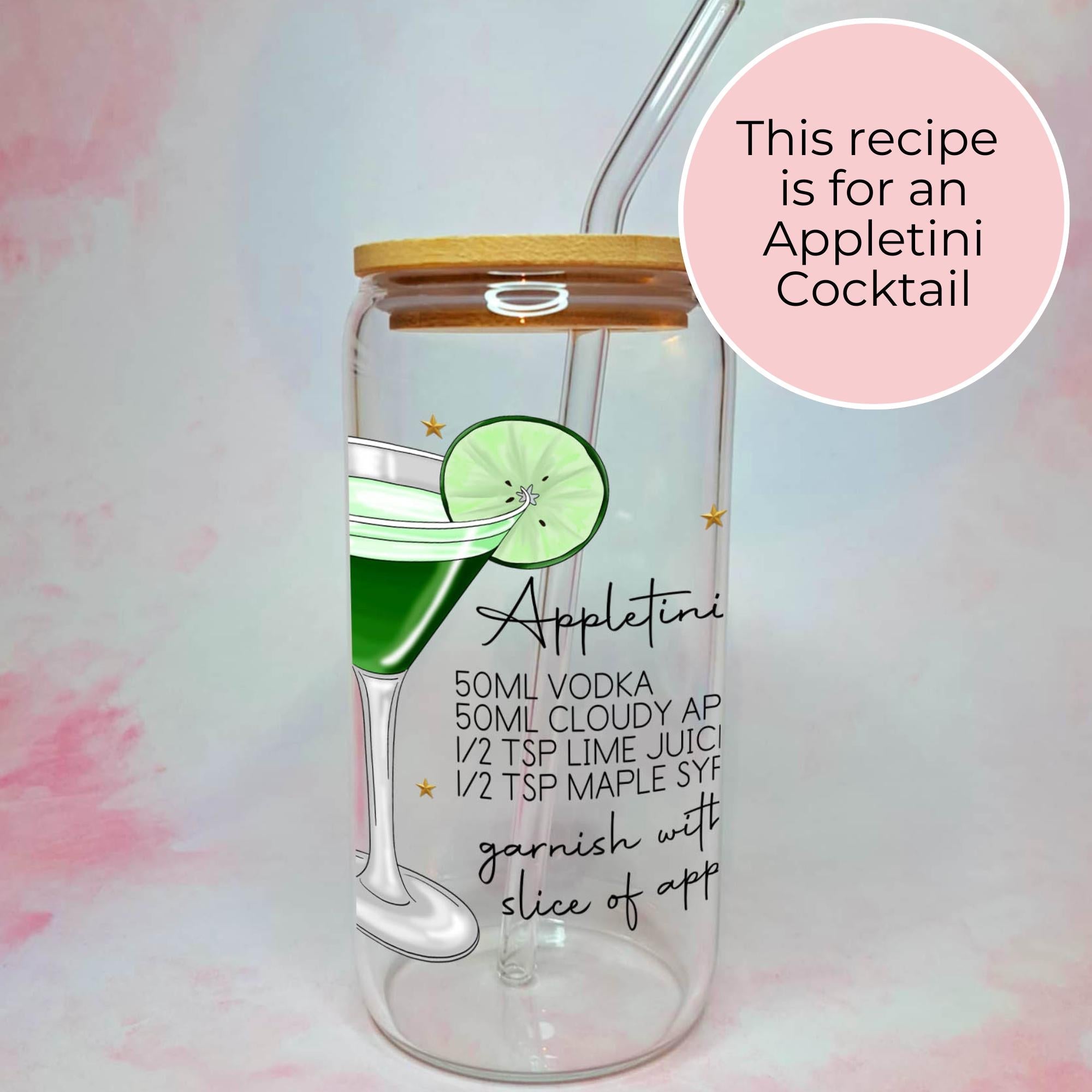 16oz Appletini Cocktail Recipe Glass – Clear Tumbler with Bamboo Lid #CL