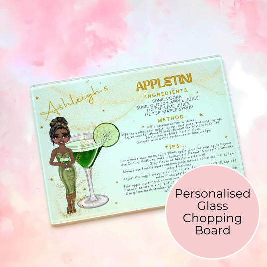 Personalized Appletini Cocktail Themed A4-Sized Glass Chopping Board, Personalised Milestone Birthday Housewarming Gift, Cocktail Inspired