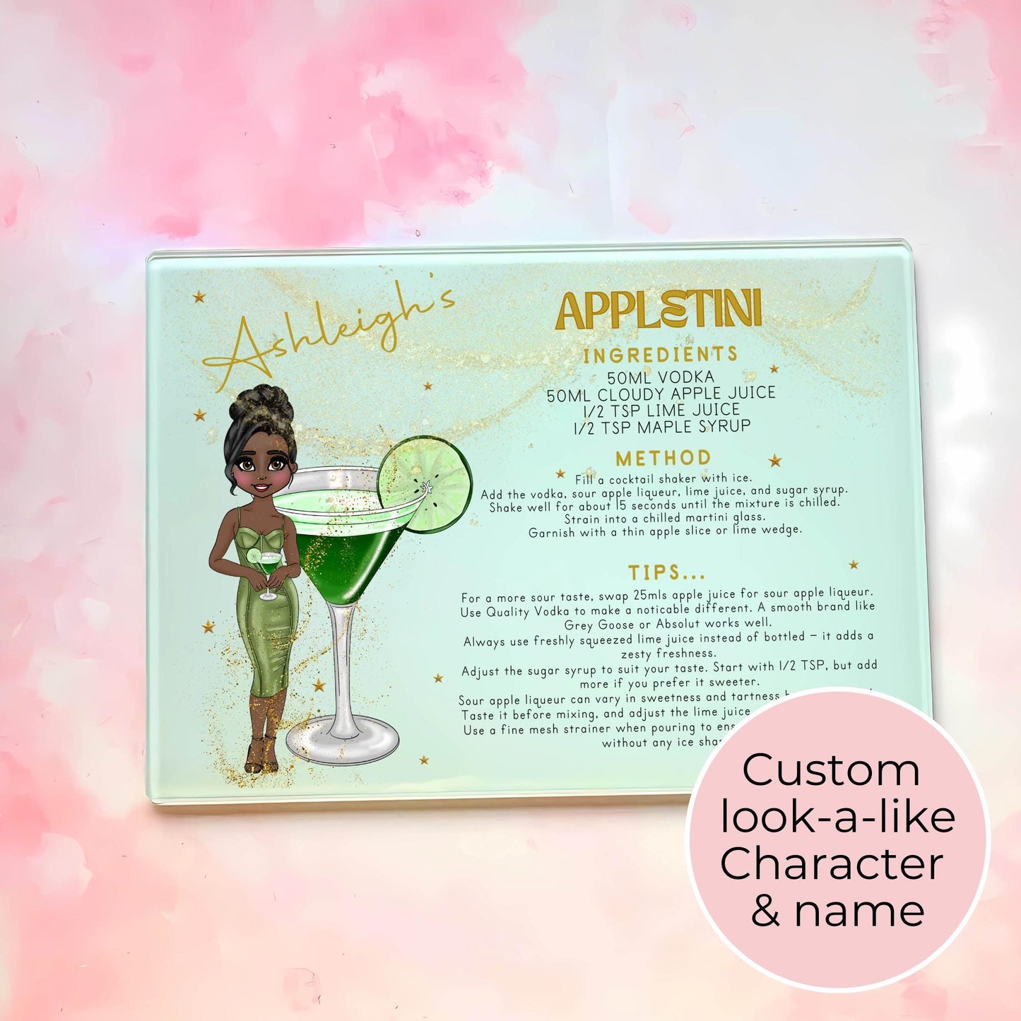 Personalized Appletini Cocktail Themed A4-Sized Glass Chopping Board, Personalised Milestone Birthday Housewarming Gift, Cocktail Inspired