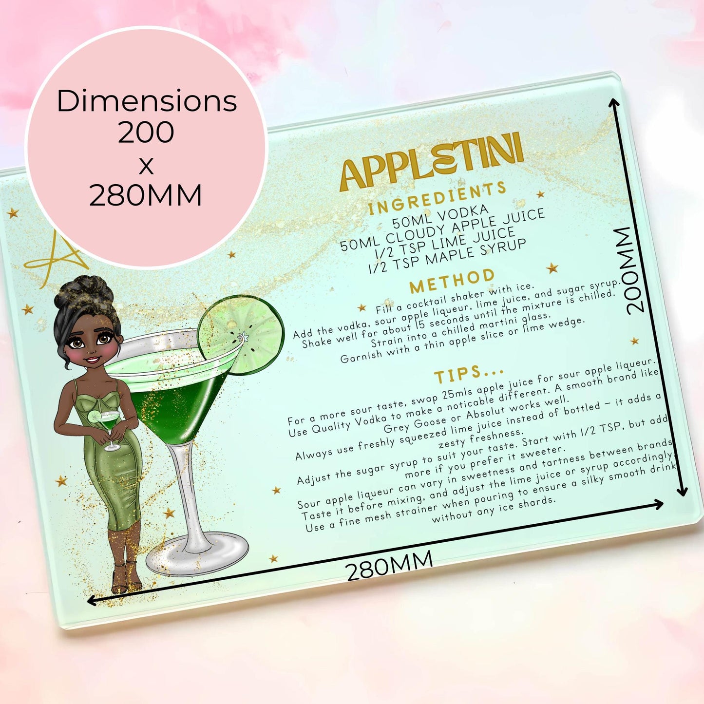 Personalized Appletini Cocktail Themed A4-Sized Glass Chopping Board, Personalised Milestone Birthday Housewarming Gift, Cocktail Inspired