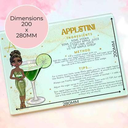 Personalized Appletini Cocktail Themed A4-Sized Glass Chopping Board, Personalised Milestone Birthday Housewarming Gift, Cocktail Inspired