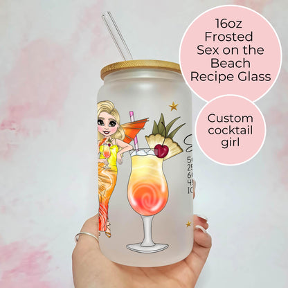 Personalised Character Portrait Cocktail Glass With Recipe For Big Sister, Frosted Cocktail Glass Sex On The Beach Bachelorette Hostess Gift