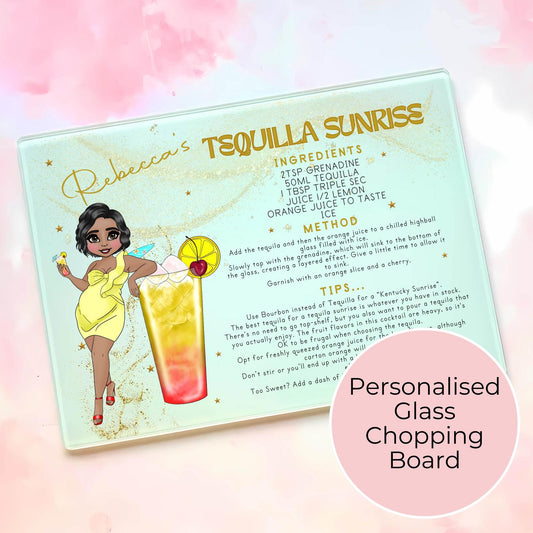 Personalized A4-Sized Glass Chopping Board, Tequilla Sunrise Tropical Cocktail Recipe Gift, 18th Birthday, Housewarming Summer Soiree Gift