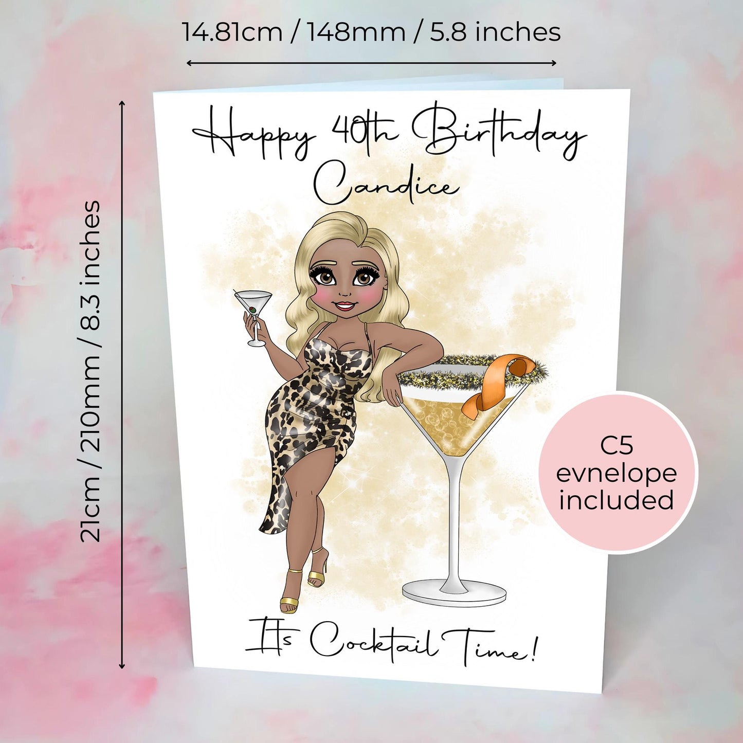 Plus sized Martini Cocktail Girl Birthday Card, Milestone Birthday Card For Her, Leopard Print Cocktail Girl Greeting Card #G1