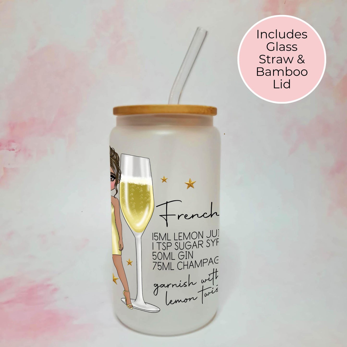 French 75 Cocktail Recipe 16oz Frosted Glass, Gift For Mum, Bridal Shower Cocktail Themed Drinkware, Hen Party Gifts For Champagne Cocktails #FL
