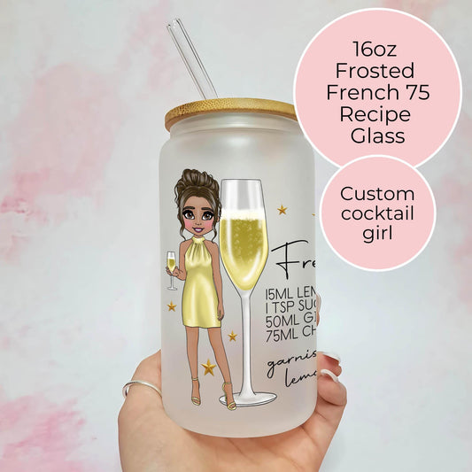 French 75 Cocktail Recipe 16oz Frosted Glass, Gift For Mum, Bridal Shower Cocktail Themed Drinkware, Hen Party Gifts For Champagne Cocktails #FL
