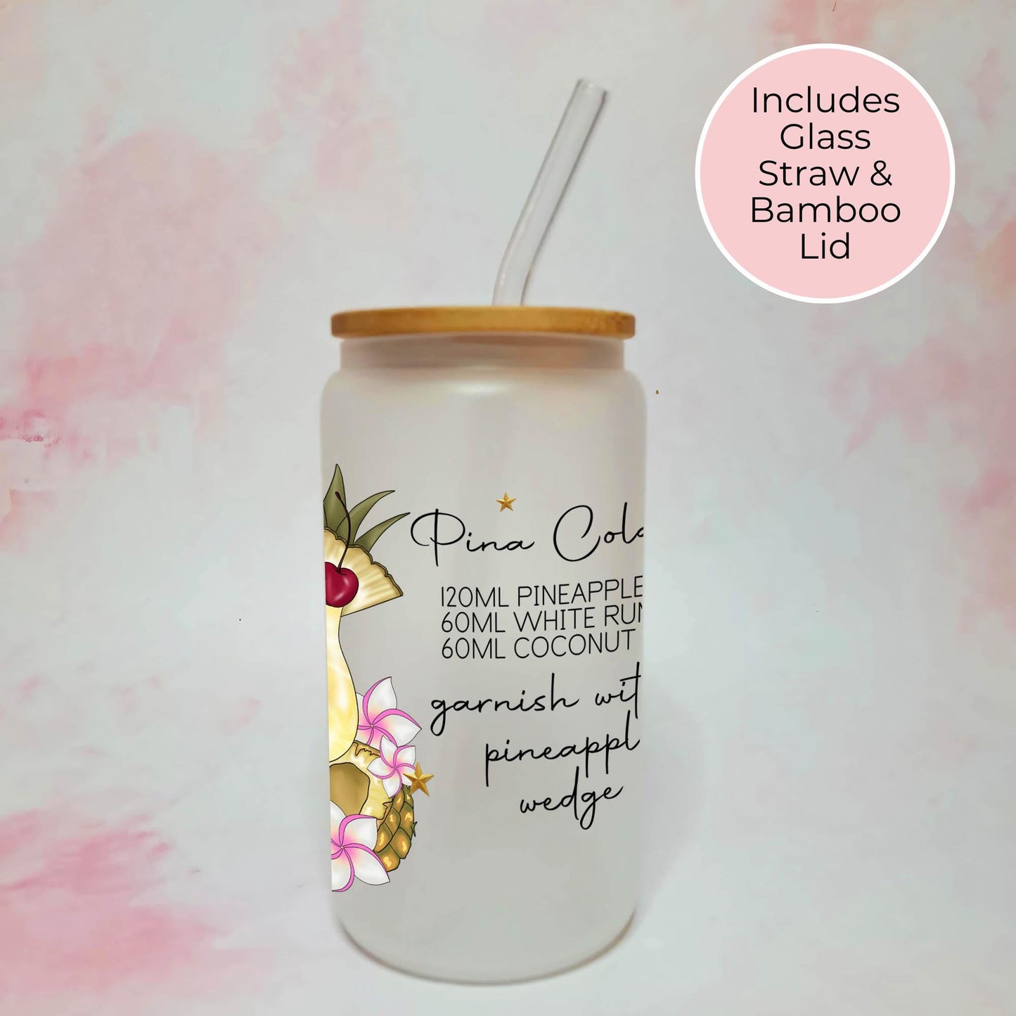 Pina Colada 16oz Frosted Libby Glass With Custom Character & Cocktail Recipe, Ladies Hen Cocktail Tumbler For Her, Milestone Birthday Gift #FL