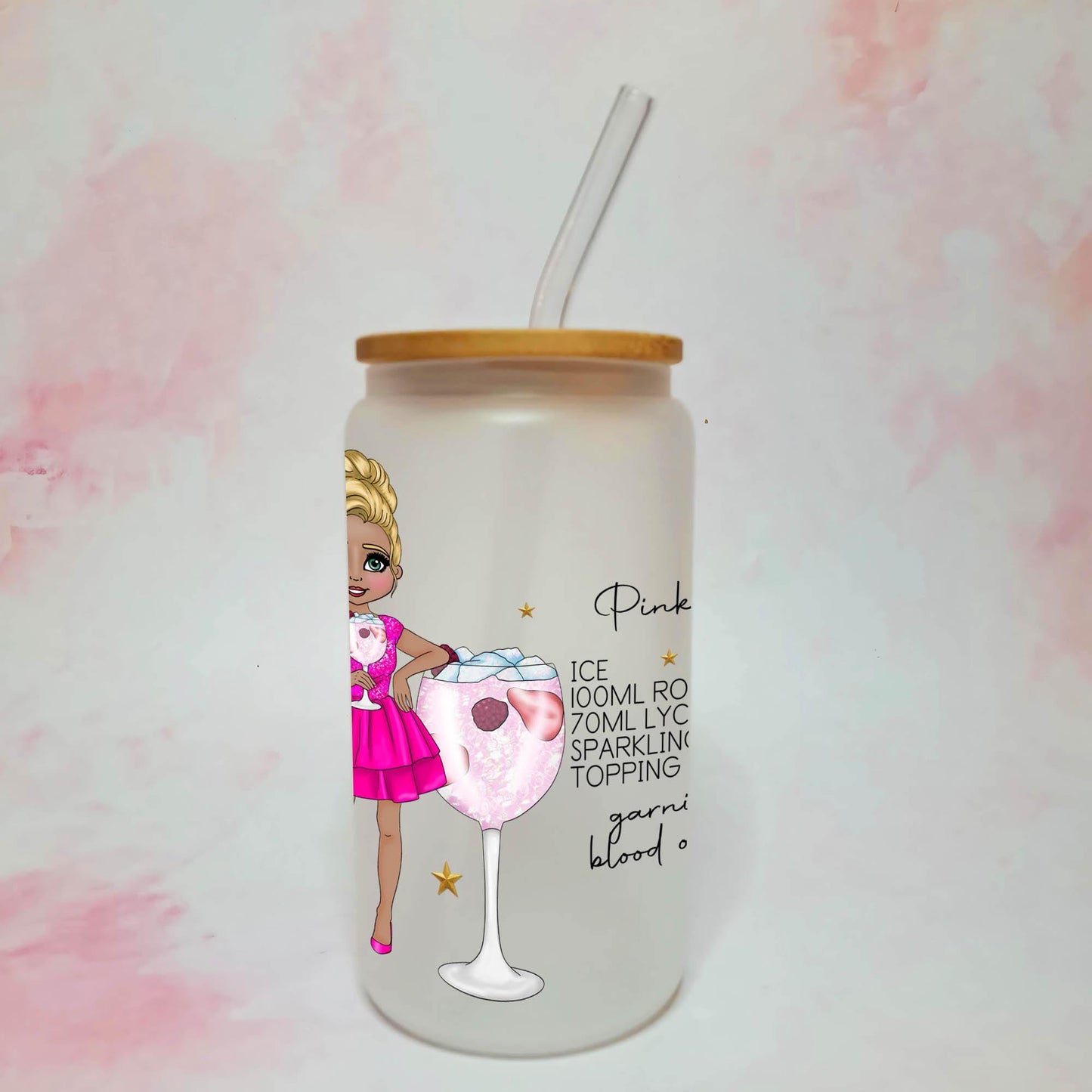 Pink Gin 75 Recipe Tumbler, 16oz Frosted Libby Glass With Custom Girl, Hen Party Cocktail Glass For Her, Bachelorette Pink Gin Cocktail Gift #FL