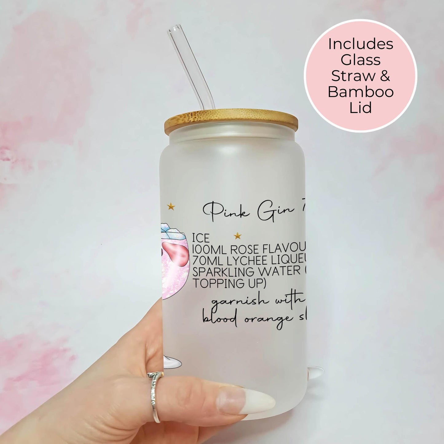 Pink Gin 75 Recipe Tumbler, 16oz Frosted Libby Glass With Custom Girl, Hen Party Cocktail Glass For Her, Bachelorette Pink Gin Cocktail Gift #FL