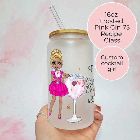 Pink Gin 75 Recipe Tumbler, 16oz Frosted Libby Glass With Custom Girl, Hen Party Cocktail Glass For Her, Bachelorette Pink Gin Cocktail Gift #FL