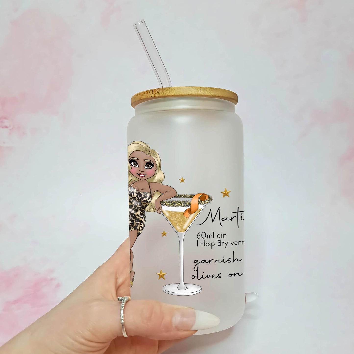 Plus Sized Martini Custom Character Frosted Recipe Glass, Cocktail Tumbler with Bamboo Lid #FL