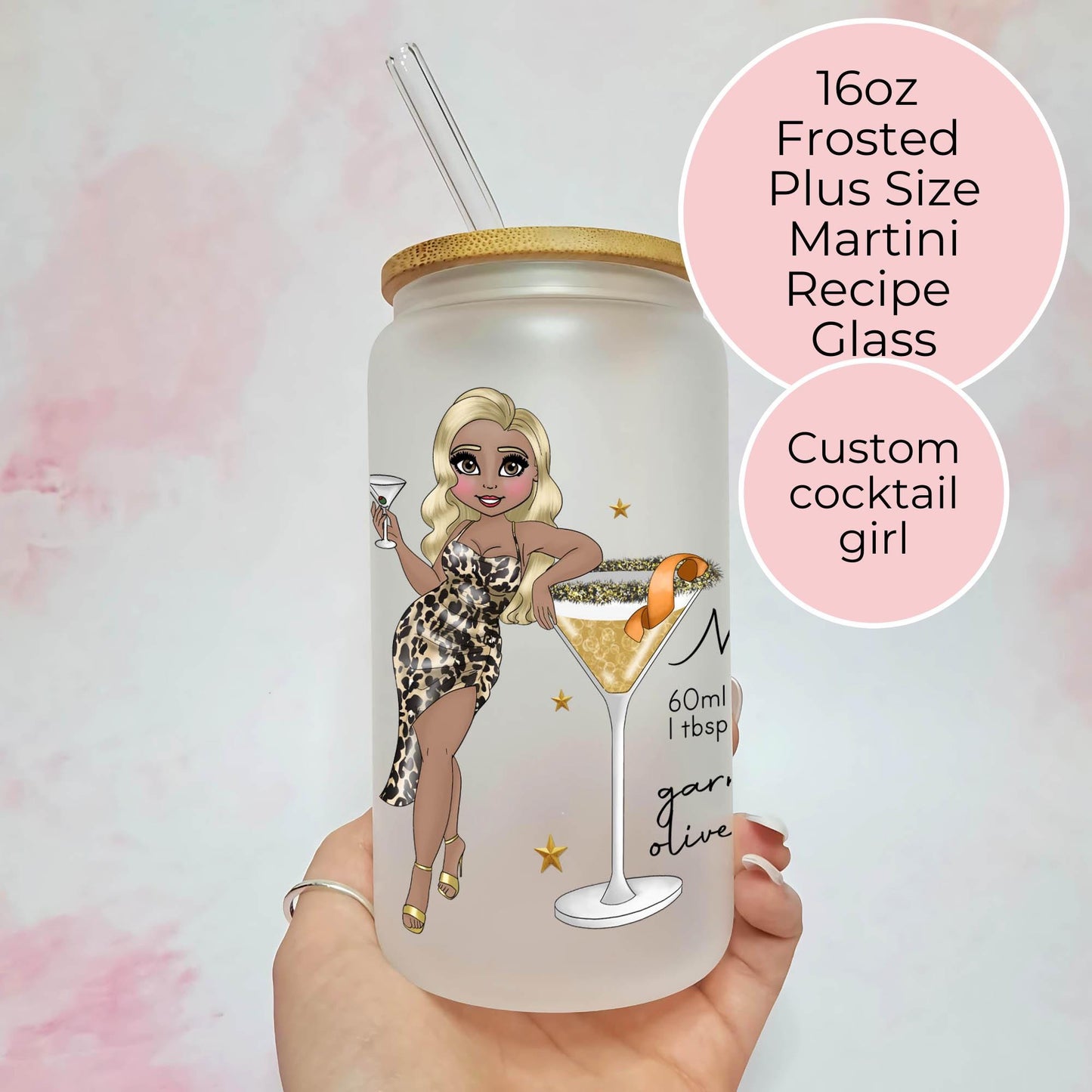 Plus Sized Martini Cocktail Girl Personalised 16oz Frosted Libby Glass, Ladies Night Hen Party Recipe Glassware, Gin Vermouth Cocktail #FL