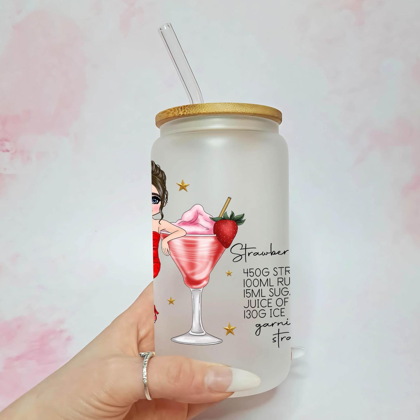 Strawberry Daiquiri 16oz Frosted Cocktail Recipe Tumbler, Summer Soiree Gift For Her Birthday, Summer Girly Garden Party Pool Party Drinkware #FL