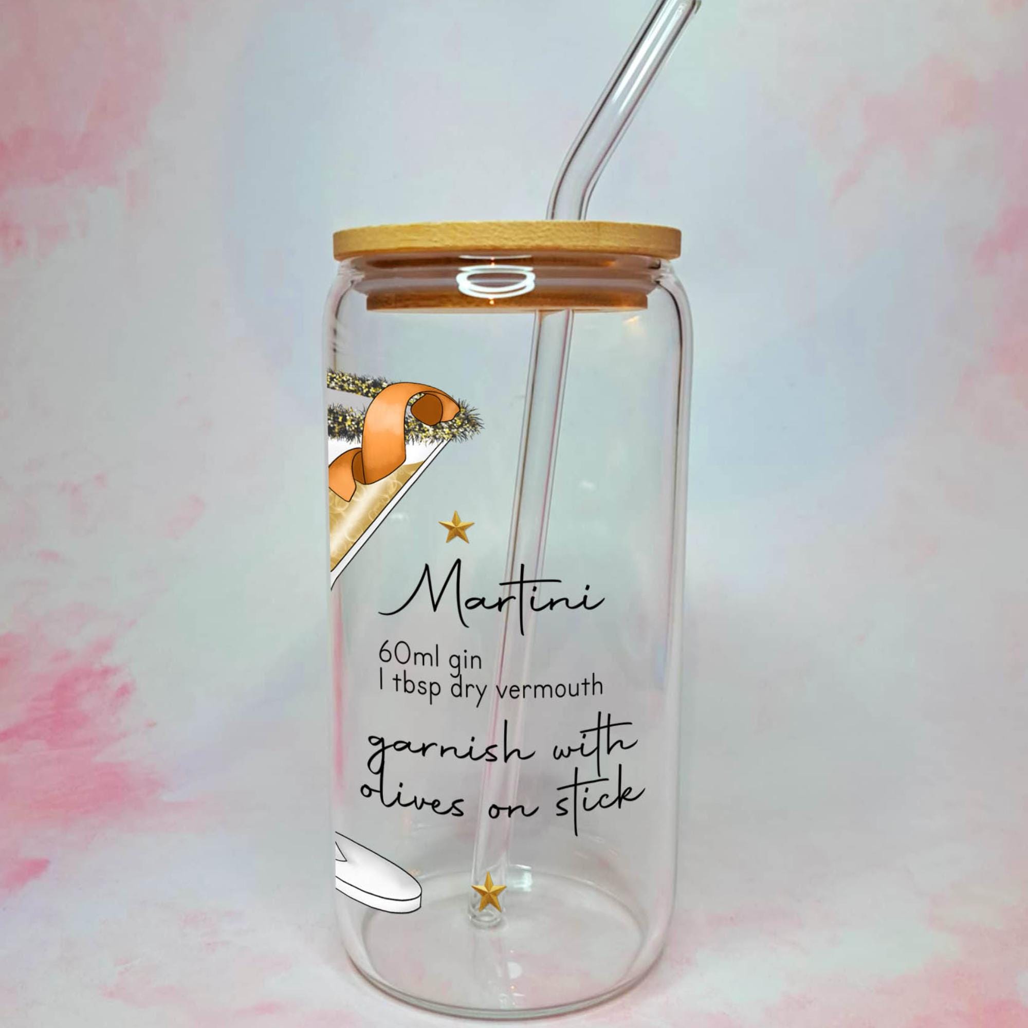 16oz Martini Cocktail Recipe Glass – Clear Tumbler with Bamboo Lid #CL