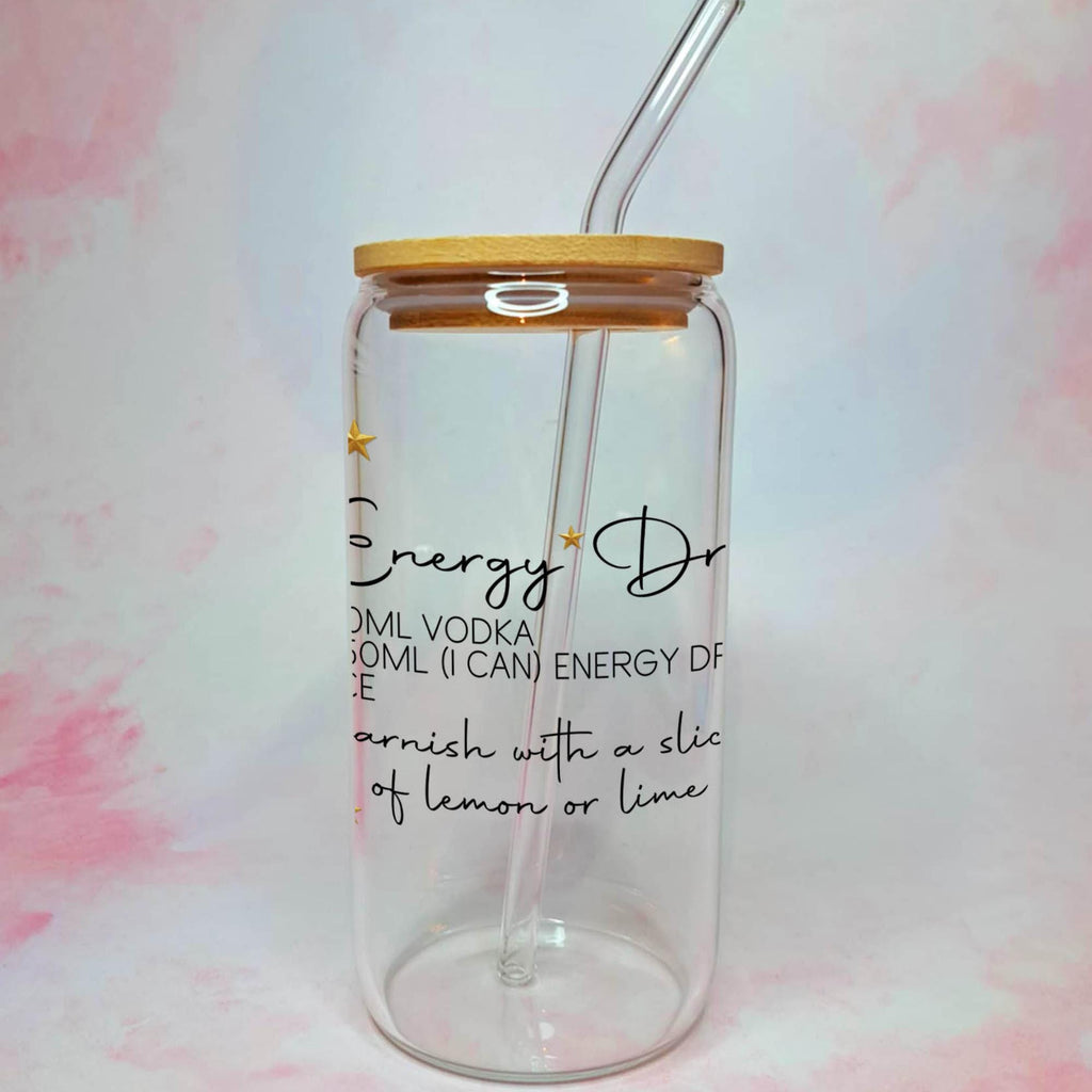 16oz Energy Drink Cocktail Recipe Glass – Clear Tumbler with Bamboo Lid #CL