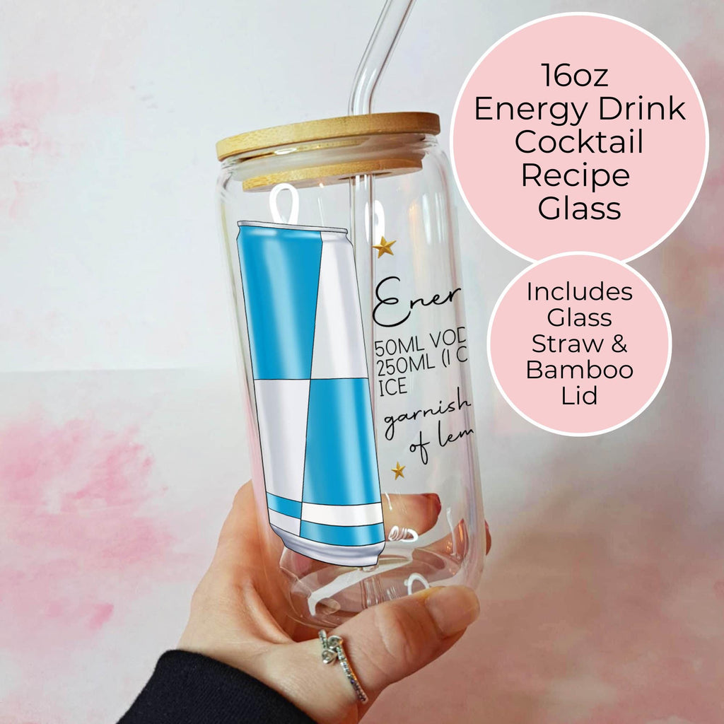 16oz Energy Drink Cocktail Recipe Glass – Clear Tumbler with Bamboo Lid #CL