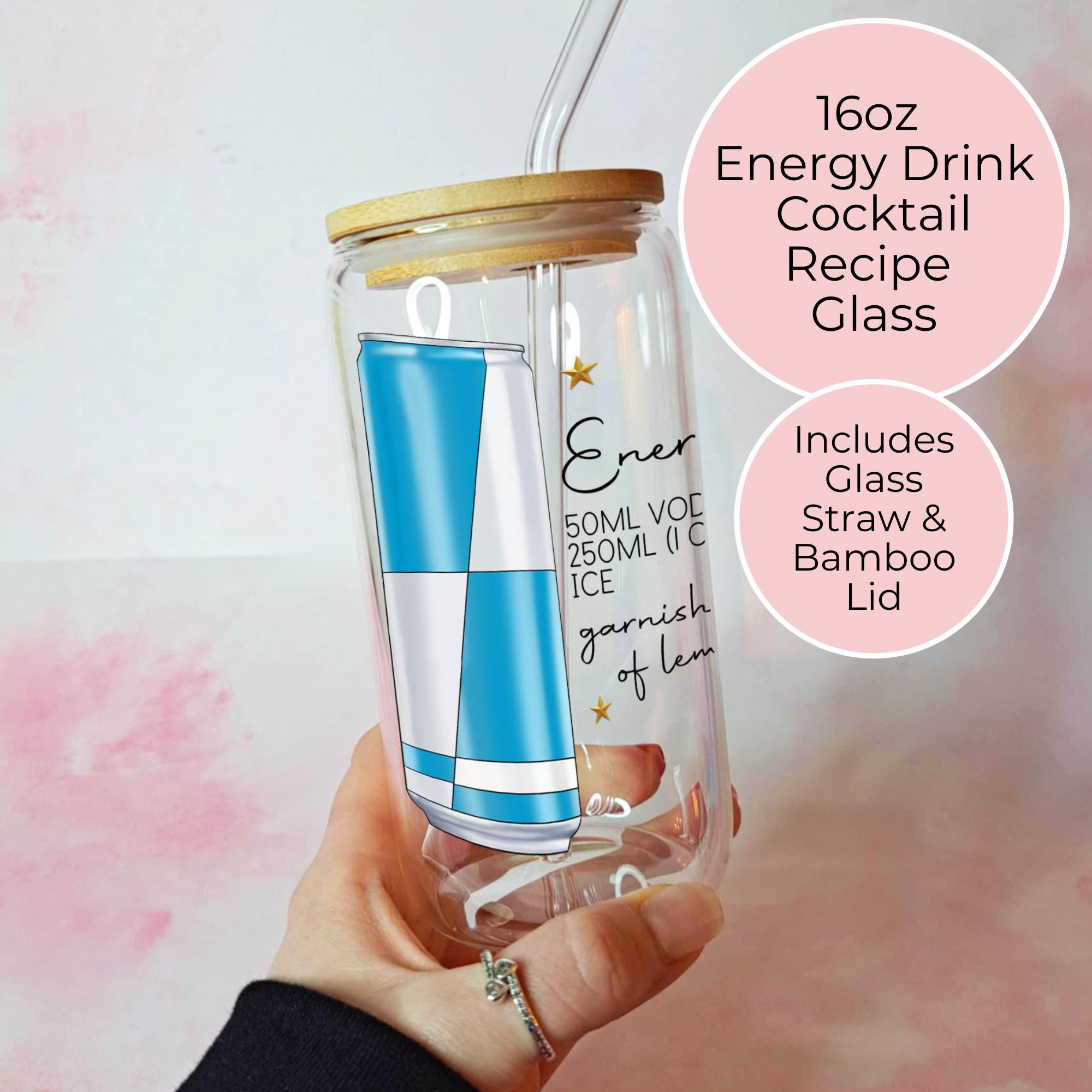 16oz Energy Drink Cocktail Recipe Glass – Clear Tumbler with Bamboo Lid #CL
