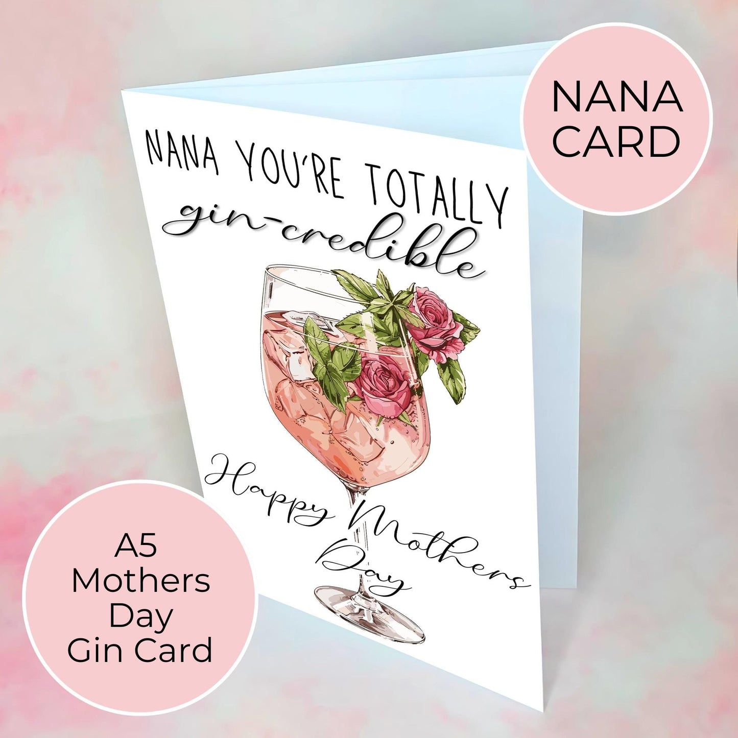 Pink Gin 75: Nana’s Gin-Credible, Funny Mother's Day Card, A5 Alcohol-Themed Nana Card, Unique Gin Lovers Gift, Mother's Day Card From A Grand-daughter #G1