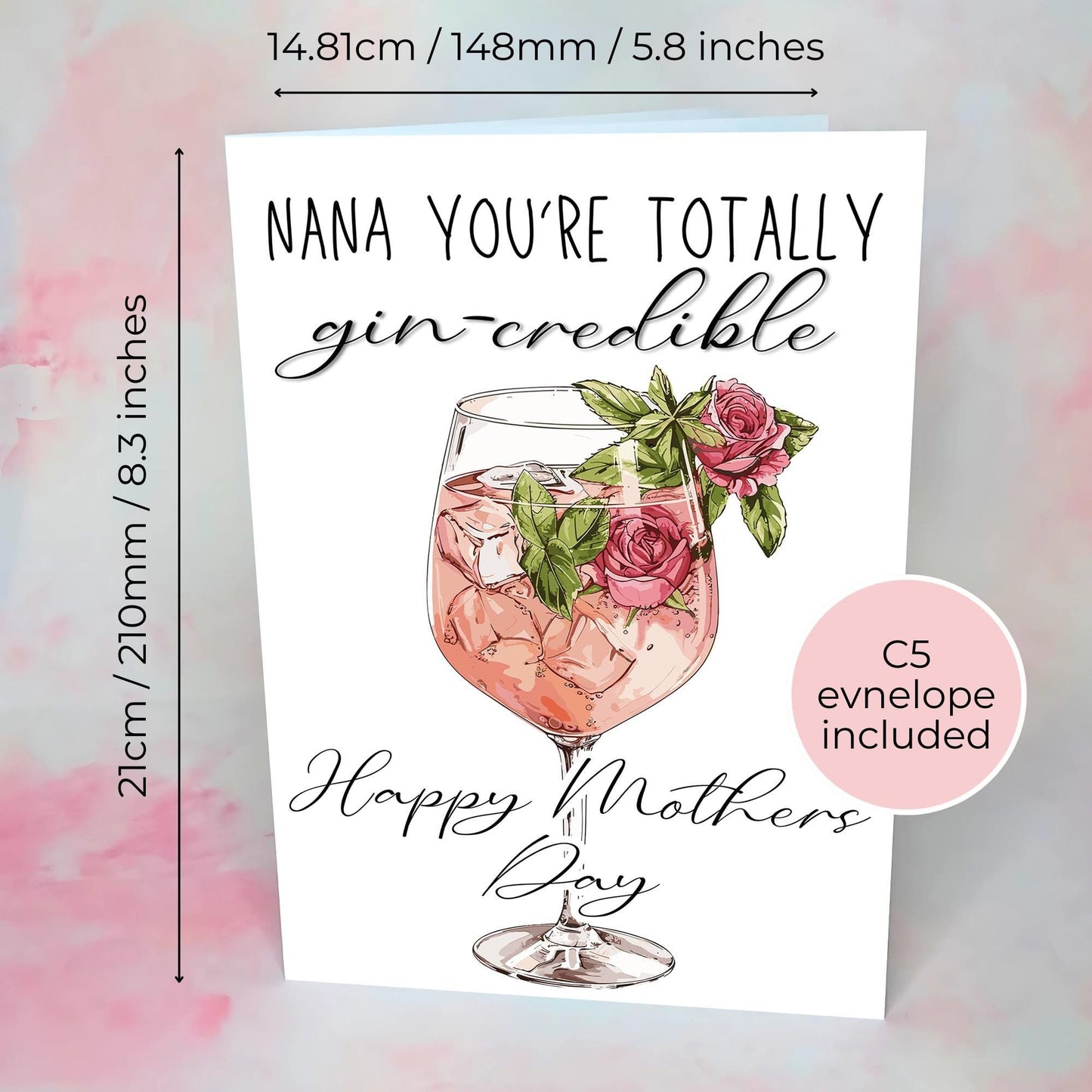 Pink Gin 75: Nana’s Gin-Credible, Funny Mother's Day Card, A5 Alcohol-Themed Nana Card, Unique Gin Lovers Gift, Mother's Day Card From A Grand-daughter #G1