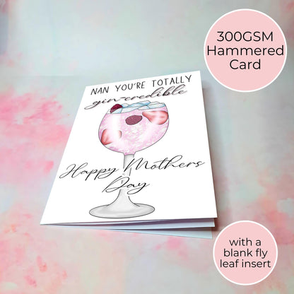 Funny Nana Mothers Day Card, Gin-Credible Pink Gin 75 Cocktail Themed Greeting Card, A5 Nana Card From A Grand-Daughter For Mothering Sunday