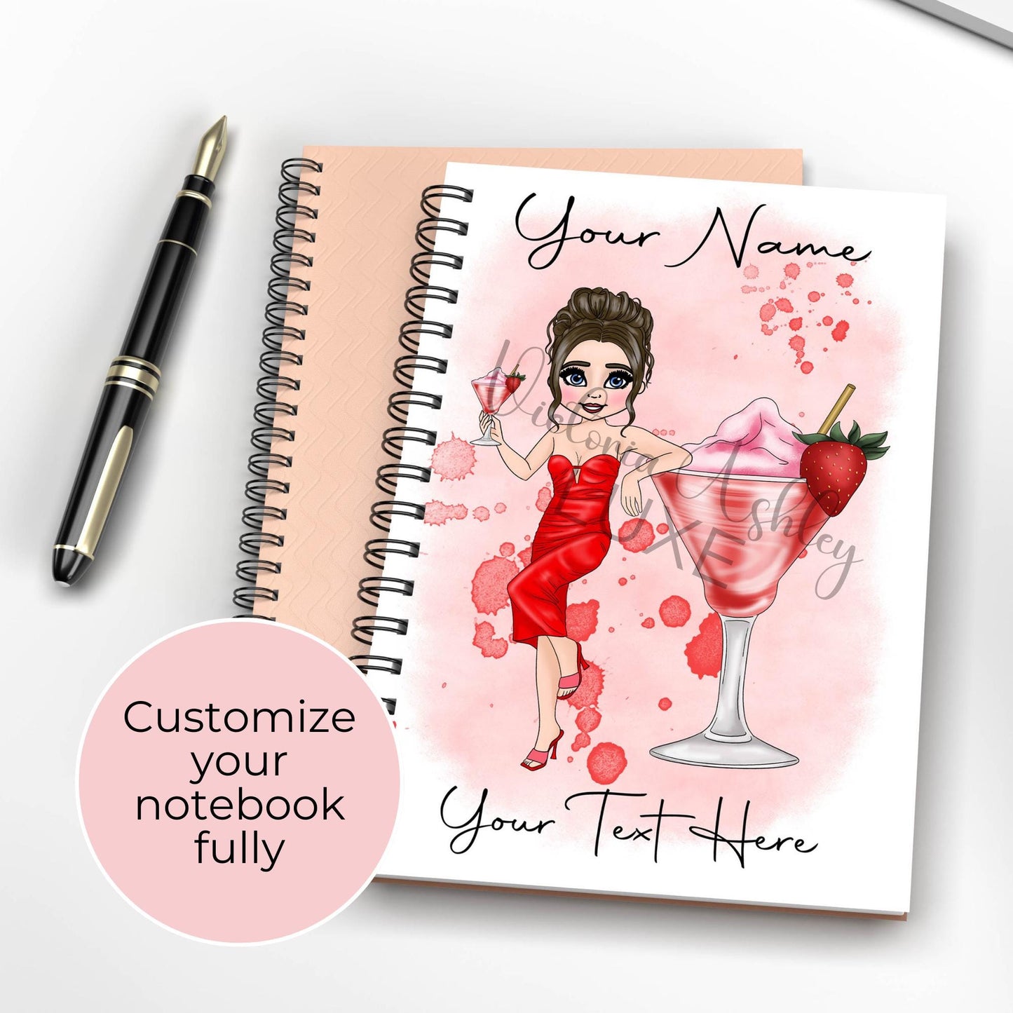 Strawberry Daiquiri Personalized A5 Wire-Bound Notebook with Custom Character Design, Strawberry Cocktail Girl, Lined Party Planning Notepad Gift #NB