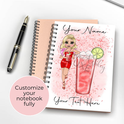 Custom Woo Woo Cocktail Girl Recipe Notebook Personalised With A Name, A5 Wire-Bound Notbook With 60 Lined Sheets, Custom Chracter Dollie