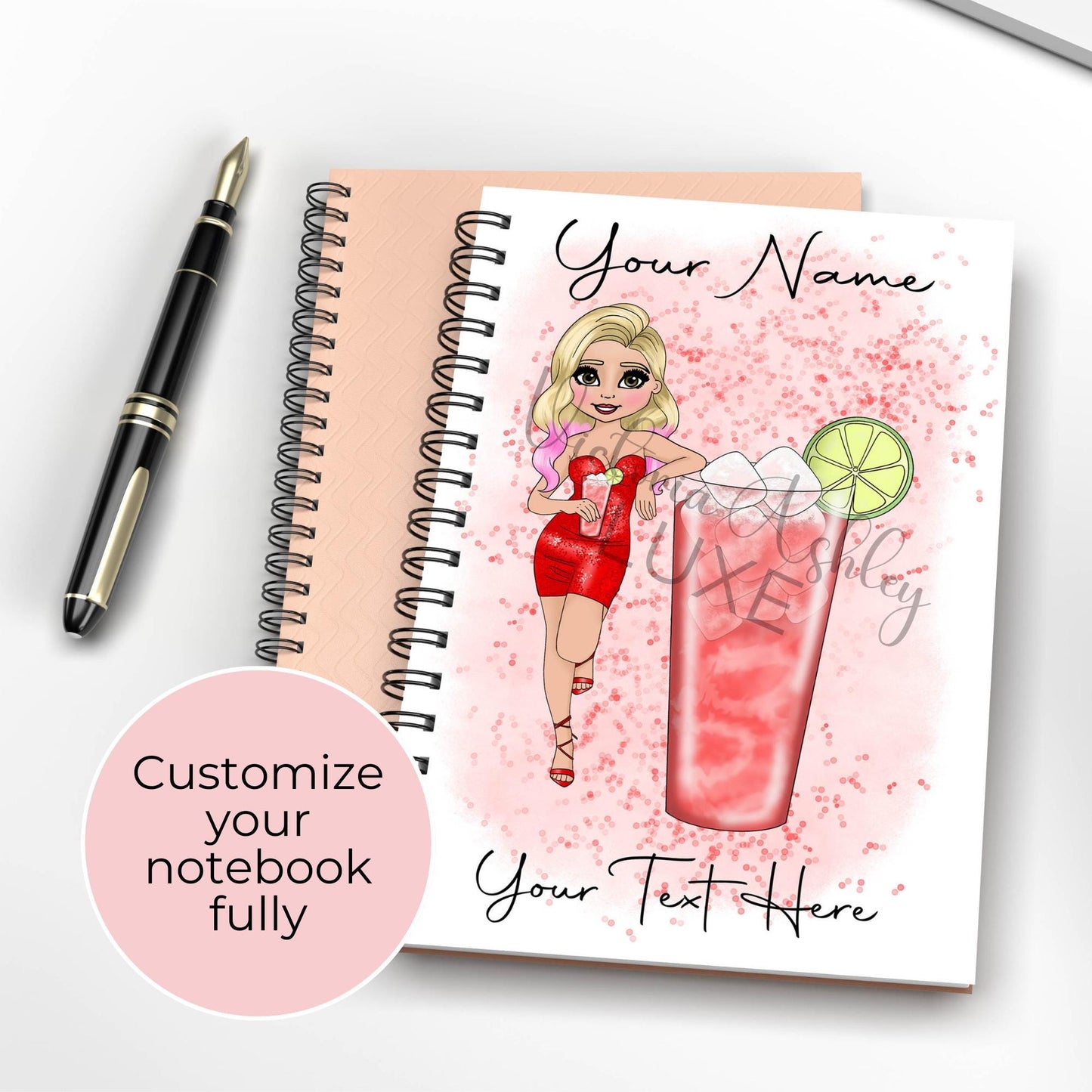 Woo Woo Cocktail Girl Recipe Notebook Personalised With A Name, A5 Wire-Bound Notbook With 60 Lined Sheets, Custom Character Notebook #NB