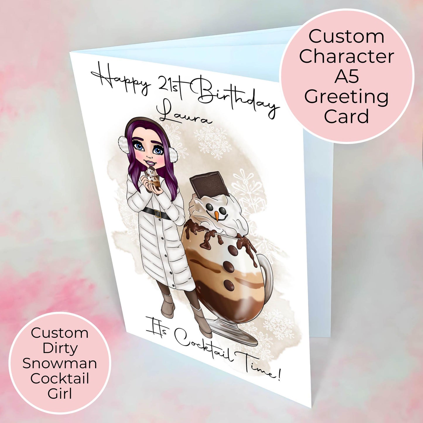 Personalised Dirty Snowman Birthday Card, Custom Character Hot Chocolate Cocktail Birthday Greeting Card, A5 Handcrafted Card For Mum Sister