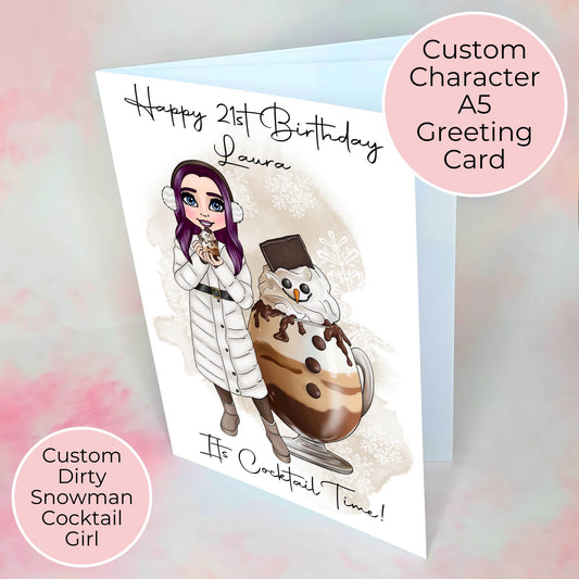 Personalised Dirty Snowman Birthday Card, Custom Character Hot Chocolate Cocktail Birthday Greeting Card, A5 Handcrafted Card For Mum Sister