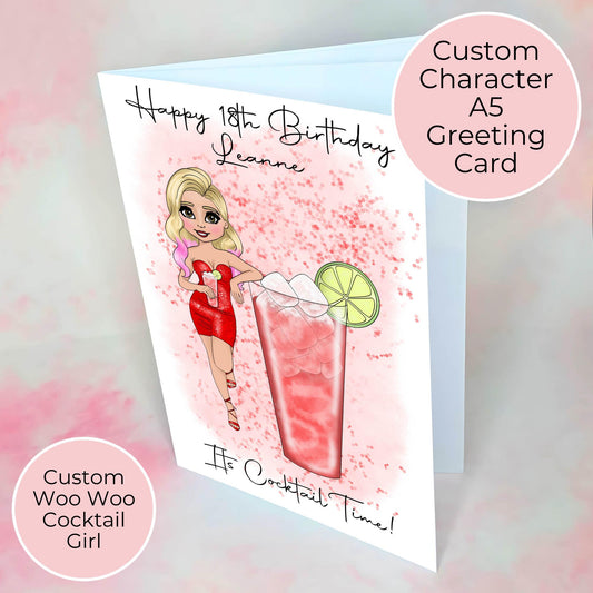 Personalised Woo Woo Cocktail Character Birthday Card, Handmade A5 Cocktail Themed Card For Her Birthday, 21st Birthday Card For A Daughter