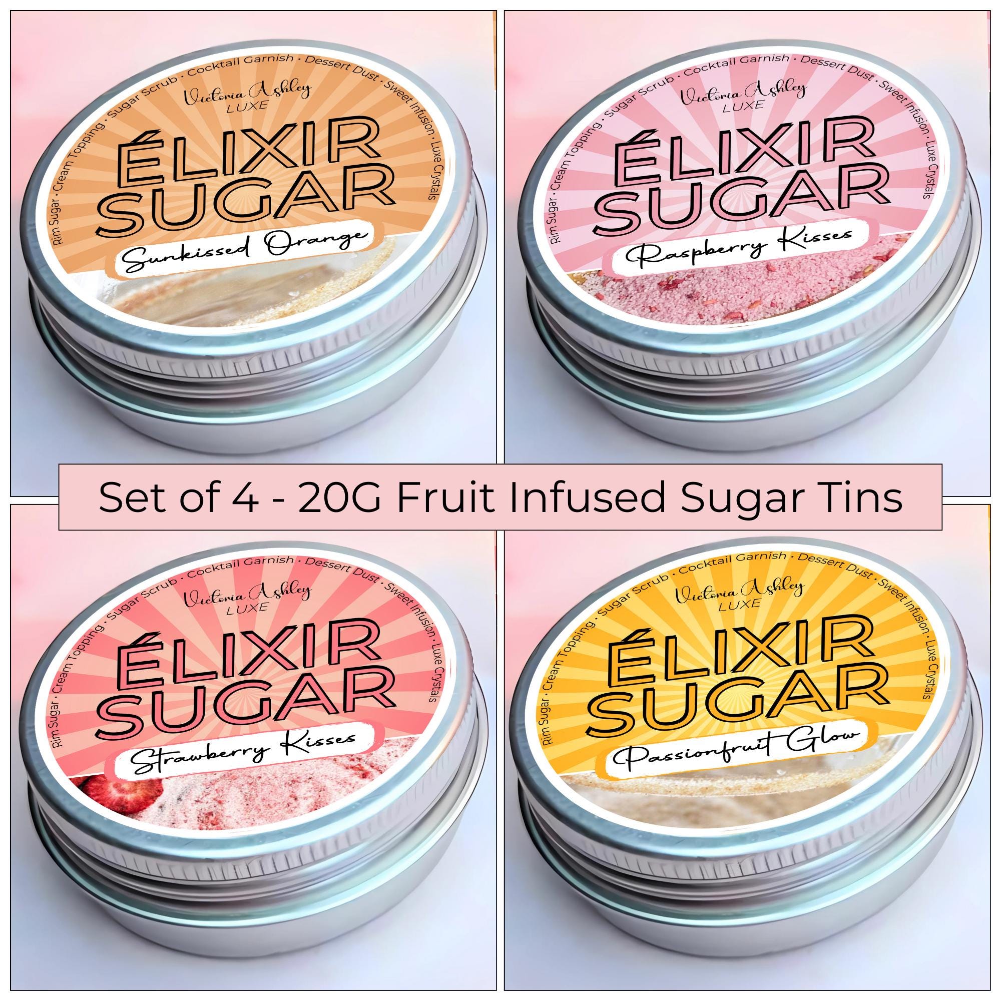 An image of 4 fruit infused sugar tins: raspberry, strawberry, orange and passionfruit