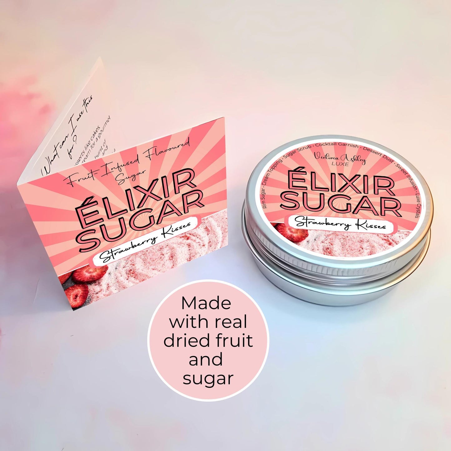 Strawberry Infused Flavoured Sugar, Artisan Giftable Sugar Tin For Baker, Desert Dusting Breakfast Garnish, Eco-Friendly Reusable Sugar Tin #FRS